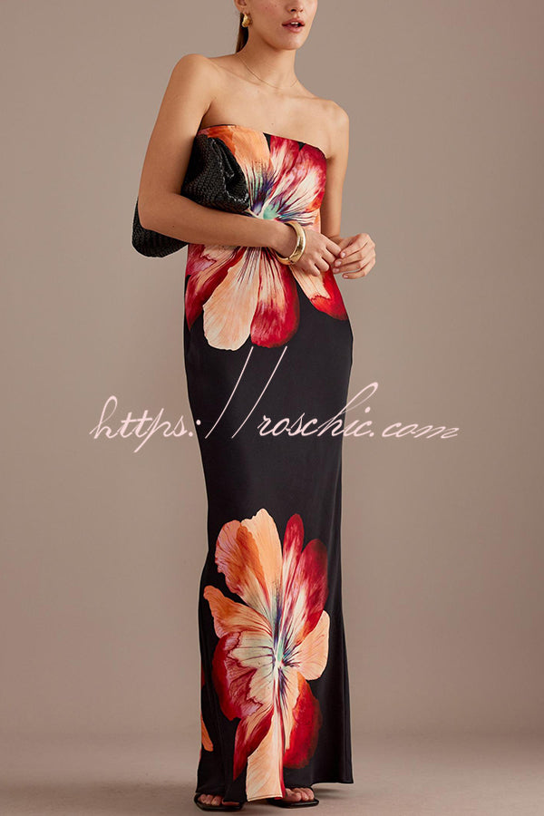 Laura| Charmantes Damen Satin Floral Print Bandeau Weit Maxi Kleid