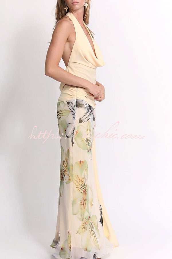 Iske™ | Wunderschönes Statement Cowl Neck Halter Top und florale Rüschentaille Schlitz Maxikleid-Set