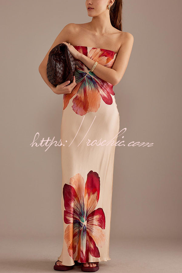 Laura| Charmantes Damen Satin Floral Print Bandeau Weit Maxi Kleid