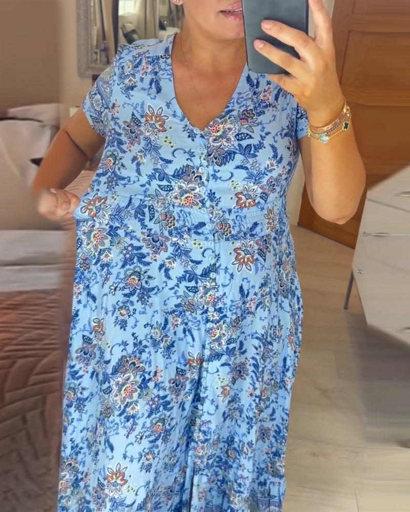 Print-cozy V-Ausschnitt langes Kleid
