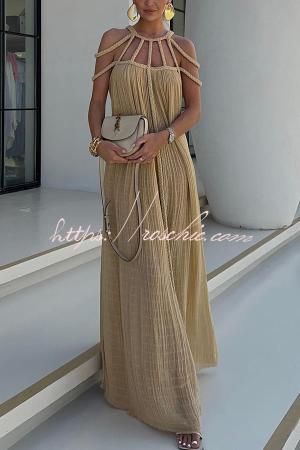 Natalia| Modernes und elegantes Maxikleid mit drapierter Zopf-Optik aus Leinenmischung