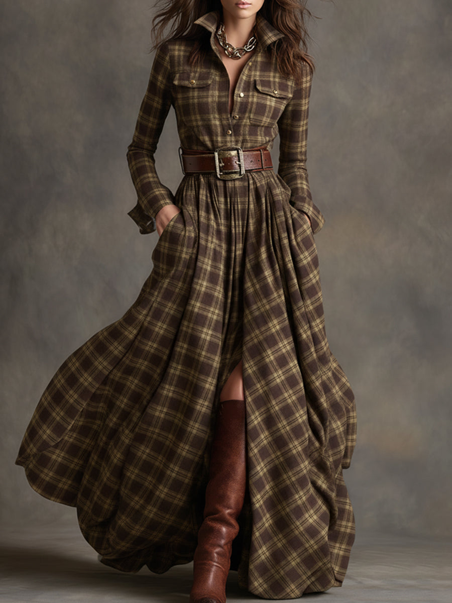 Retro-ethnischer Stil Revers Maxikleid in rötlich-braun kariert