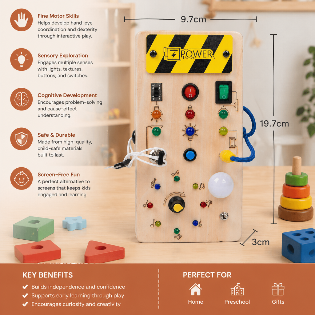Montessori-Sinnesbrett aus Holz mit Lichtern und Schaltern – Spielzeug zur Förderung der Motorik für Kinder