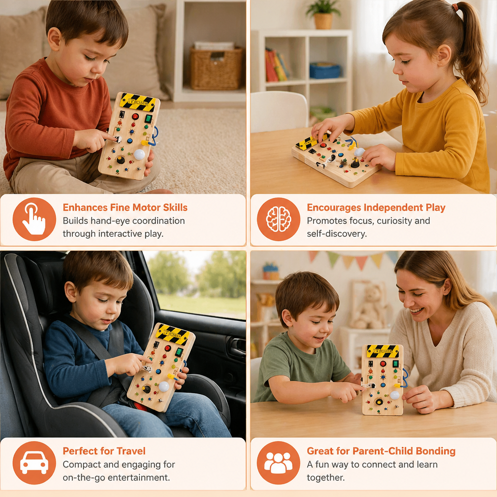 Montessori-Sinnesbrett aus Holz mit Lichtern und Schaltern – Spielzeug zur Förderung der Motorik für Kinder