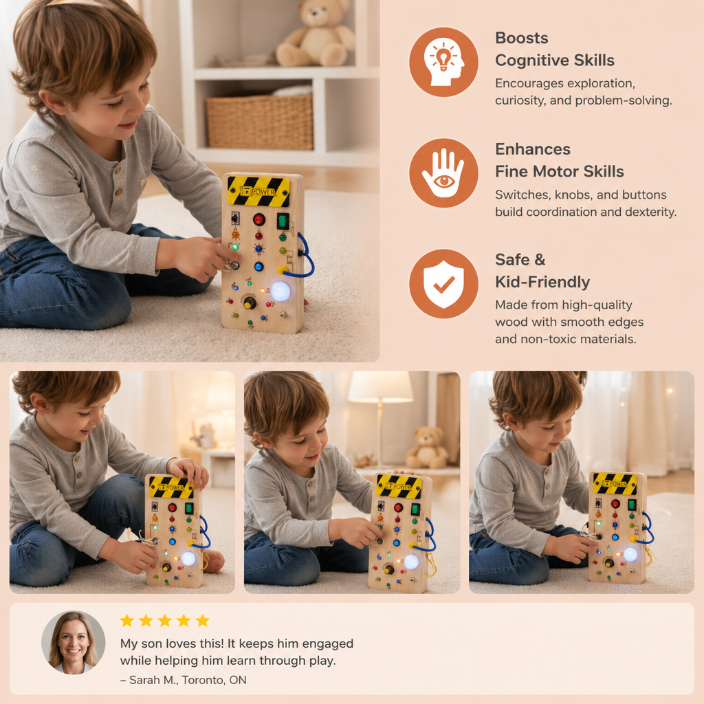 Montessori-Sinnesbrett aus Holz mit Lichtern und Schaltern – Spielzeug zur Förderung der Motorik für Kinder