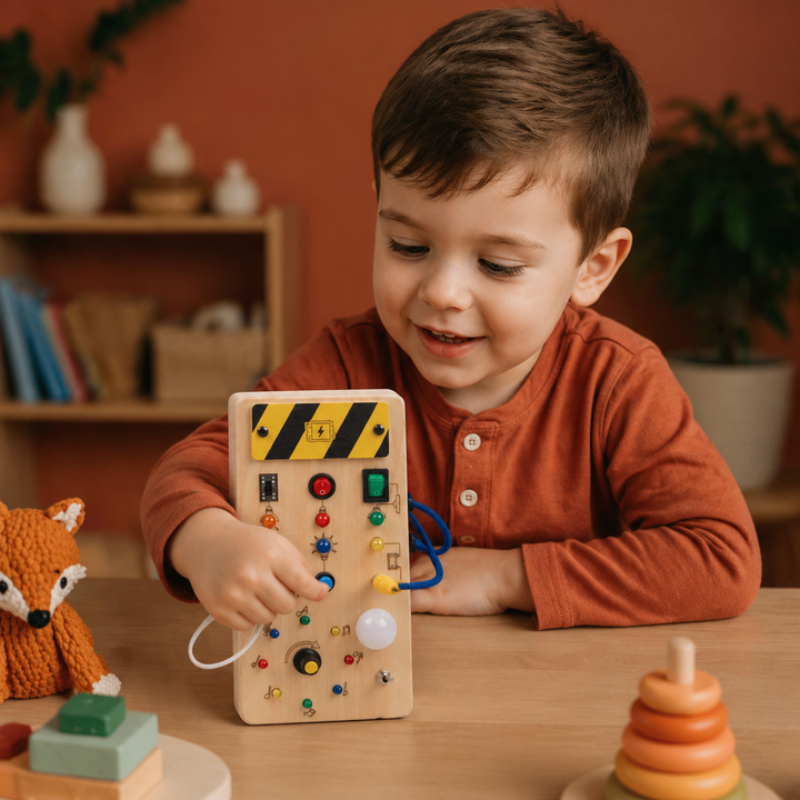 Montessori-Sinnesbrett aus Holz mit Lichtern und Schaltern – Spielzeug zur Förderung der Motorik für Kinder