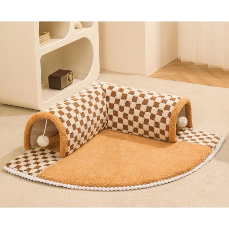 2-in-1 Lustiges Plüsch-Karomuster Katzen Tunnel Katzenbett 🐾
