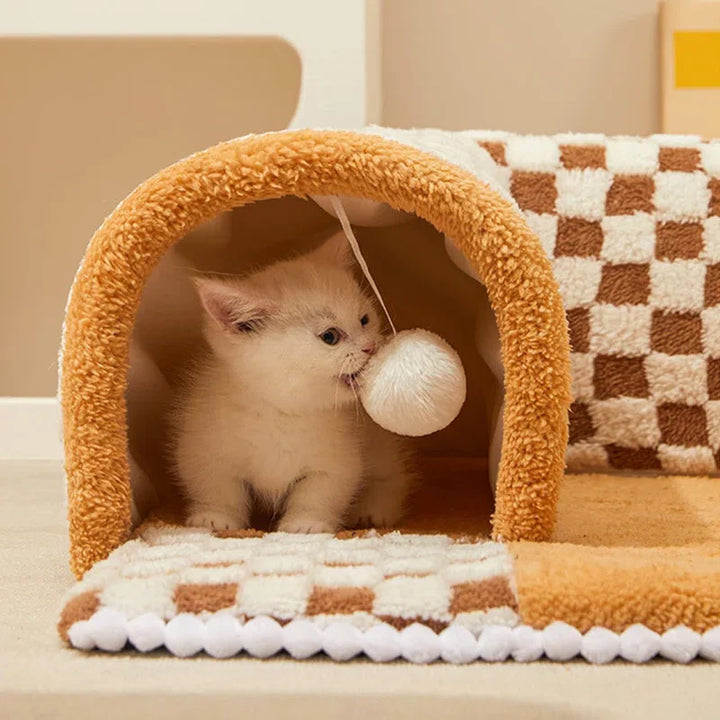 2-in-1 Lustiges Plüsch-Karomuster Katzen Tunnel Katzenbett 🐾