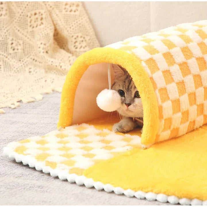 2-in-1 Lustiges Plüsch-Karomuster Katzen Tunnel Katzenbett 🐾