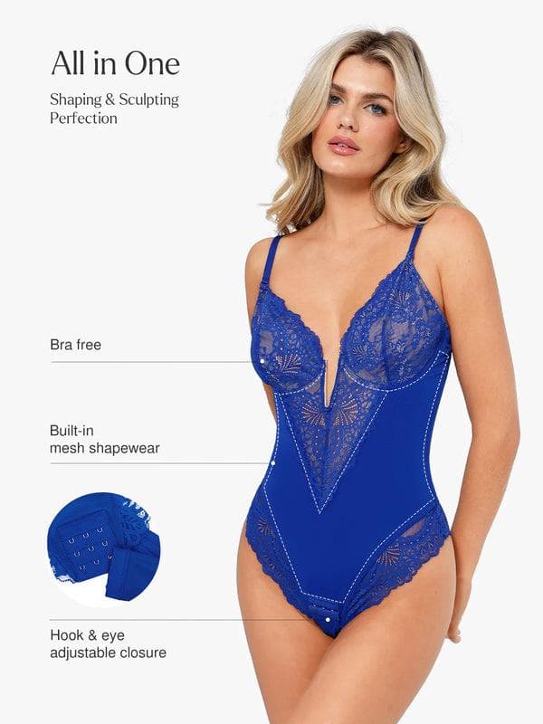 Schlankmachende Spitzen-Body mit tiefem V-Ausschnitt und formender Tanga