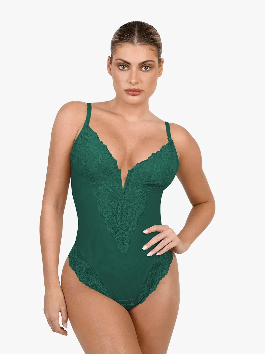 Schlankmachende Spitzen-Body mit tiefem V-Ausschnitt und formender Tanga