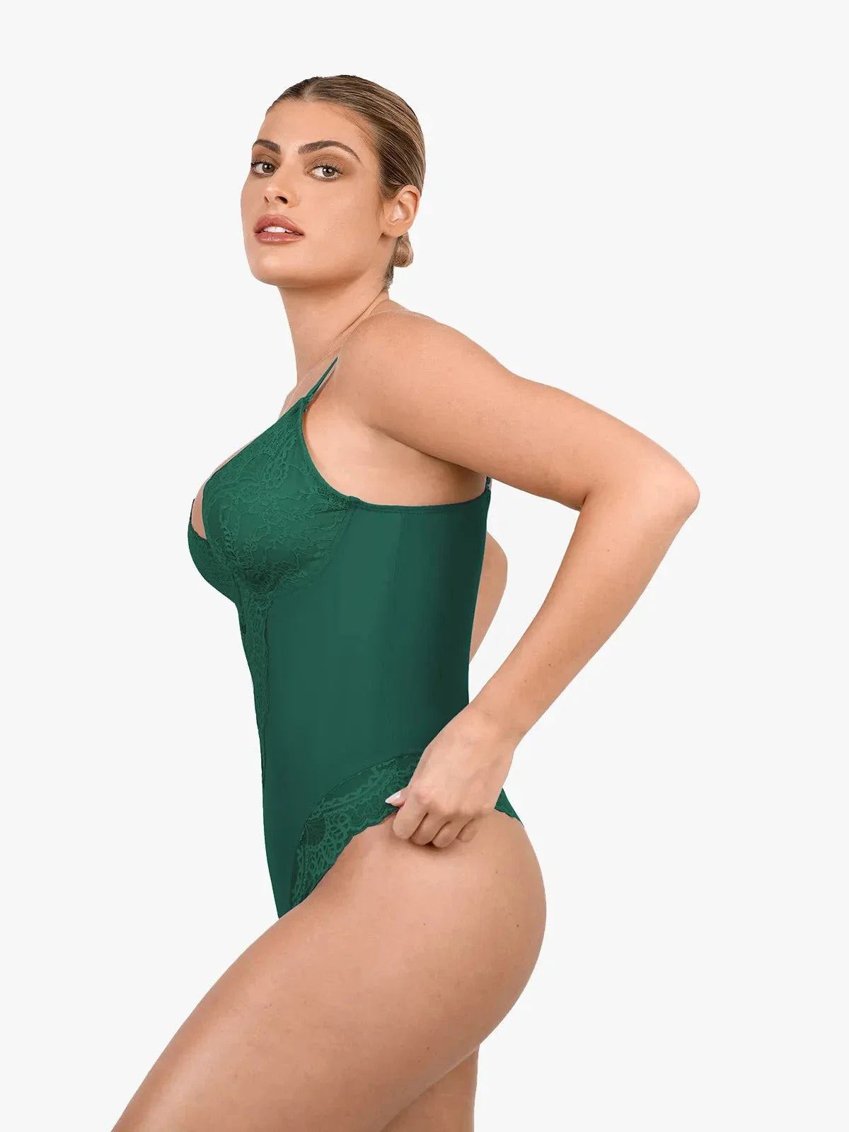 Schlankmachende Spitzen-Body mit tiefem V-Ausschnitt und formender Tanga