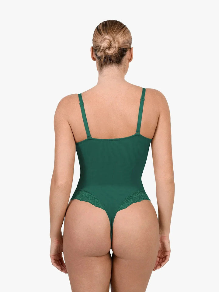 Schlankmachende Spitzen-Body mit tiefem V-Ausschnitt und formender Tanga