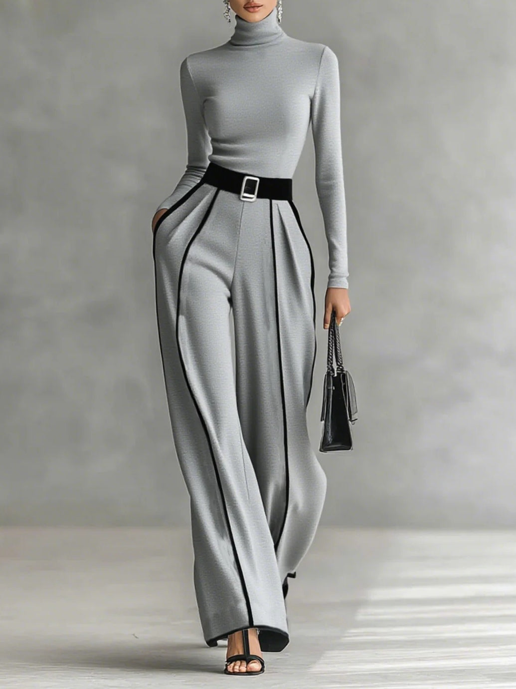 Anita™ | Weißes Trim-Hochkragen Langarm-Top mit weitem Bein Hose und Gürtel Set