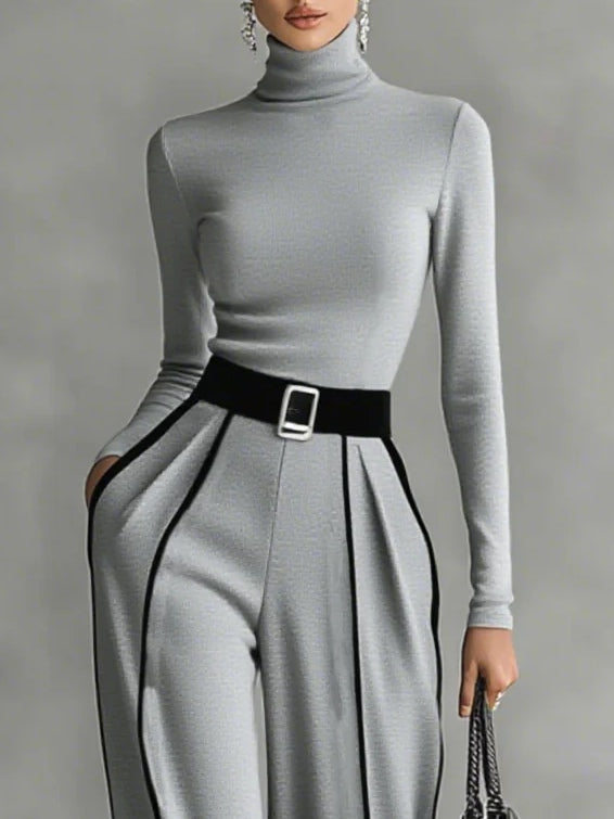 Anita™ | Weißes Trim-Hochkragen Langarm-Top mit weitem Bein Hose und Gürtel Set