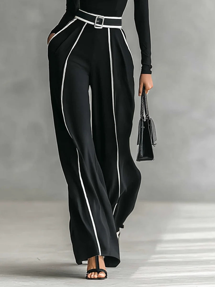 Anita™ | Weißes Trim-Hochkragen Langarm-Top mit weitem Bein Hose und Gürtel Set
