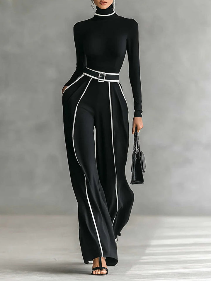 Anita™ | Weißes Trim-Hochkragen Langarm-Top mit weitem Bein Hose und Gürtel Set