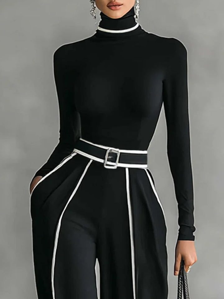 Anita™ | Weißes Trim-Hochkragen Langarm-Top mit weitem Bein Hose und Gürtel Set