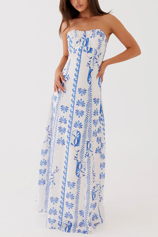 Freya| Leinenmischung Floral Wellenmuster Rüschenausschnitt Strapless Maxikleid