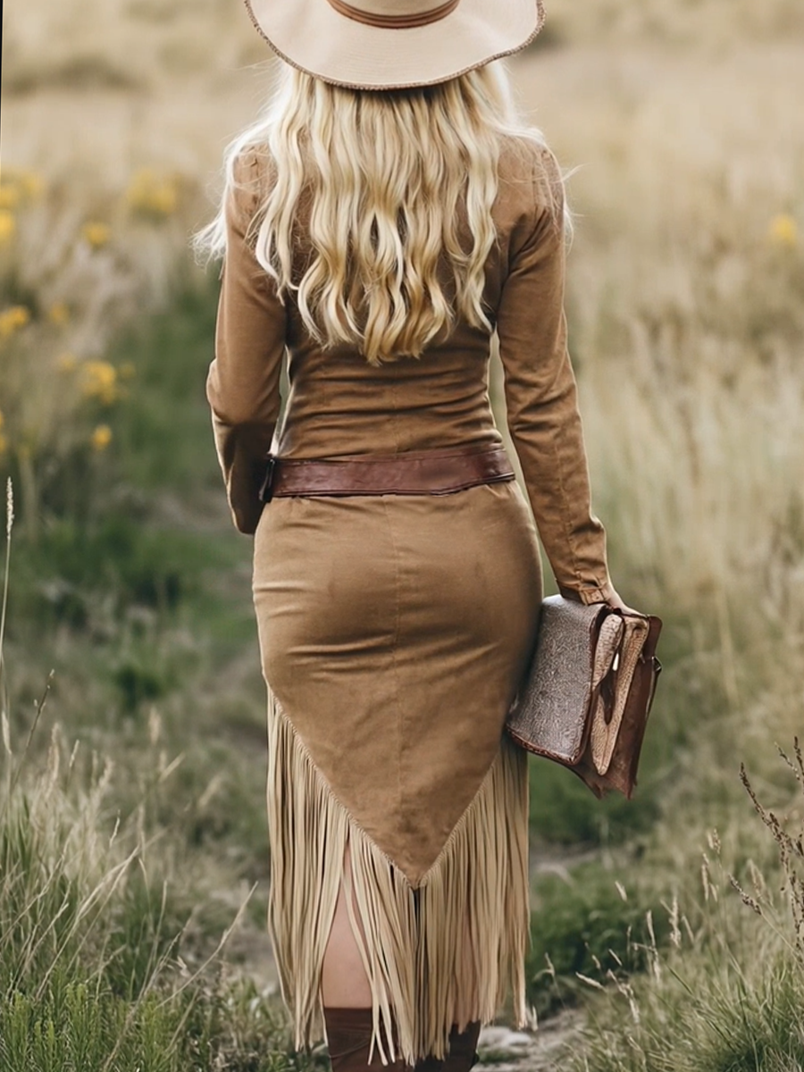 Sophia™ | Retro Wildleder Midikleid mit Fransen – Vintage Western Eleganz