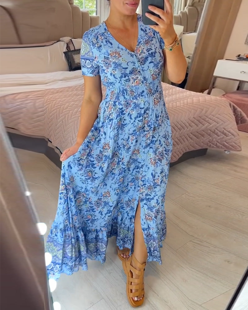 Print-cozy V-Ausschnitt langes Kleid
