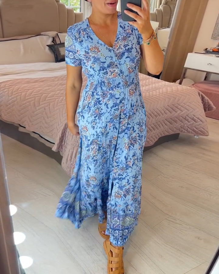 Print-cozy V-Ausschnitt langes Kleid