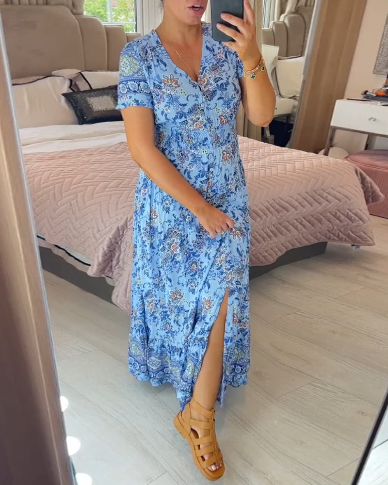 Print-cozy V-Ausschnitt langes Kleid