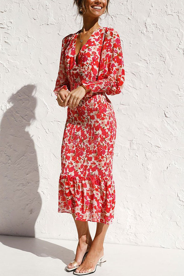 Rowena Florale Bischofärmelsmoked Midi-Kleid
