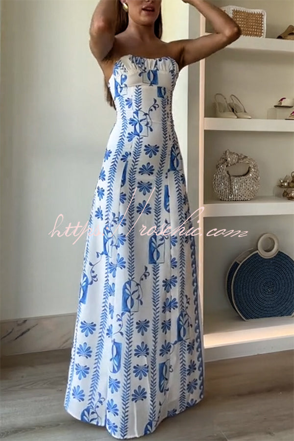 Freya| Leinenmischung Floral Wellenmuster Rüschenausschnitt Strapless Maxikleid