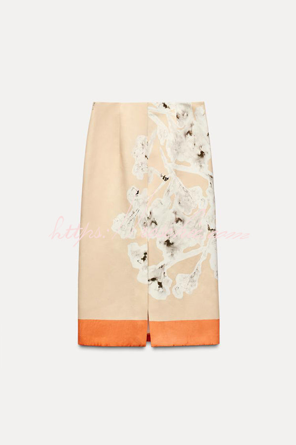 Kelly| Linen Blend Flower Print High Rise Pencil Slit Midi Skirt