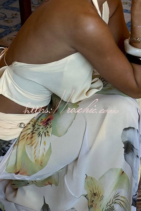 Iske™ | Wunderschönes Statement Cowl Neck Halter Top und florale Rüschentaille Schlitz Maxikleid-Set