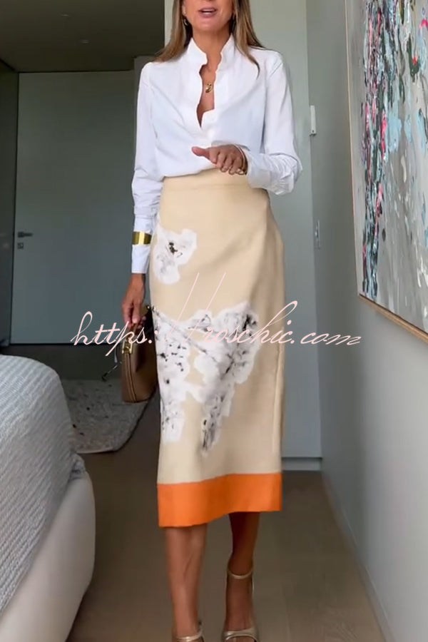 Kelly| Linen Blend Flower Print High Rise Pencil Slit Midi Skirt