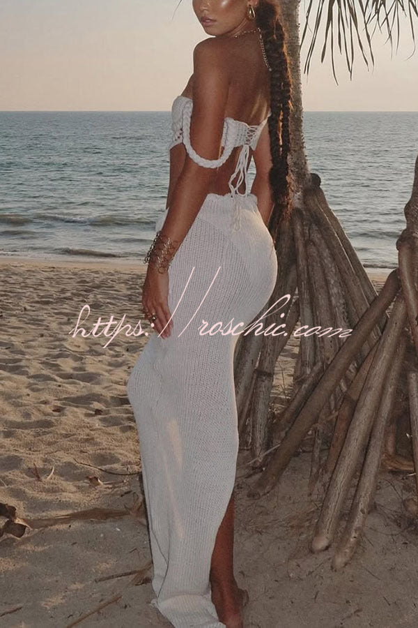Kiara| Crochet Knit Braid Waist Slit Stretch Maxi Skirt