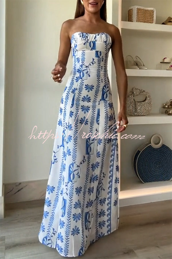 Freya| Leinenmischung Floral Wellenmuster Rüschenausschnitt Strapless Maxikleid