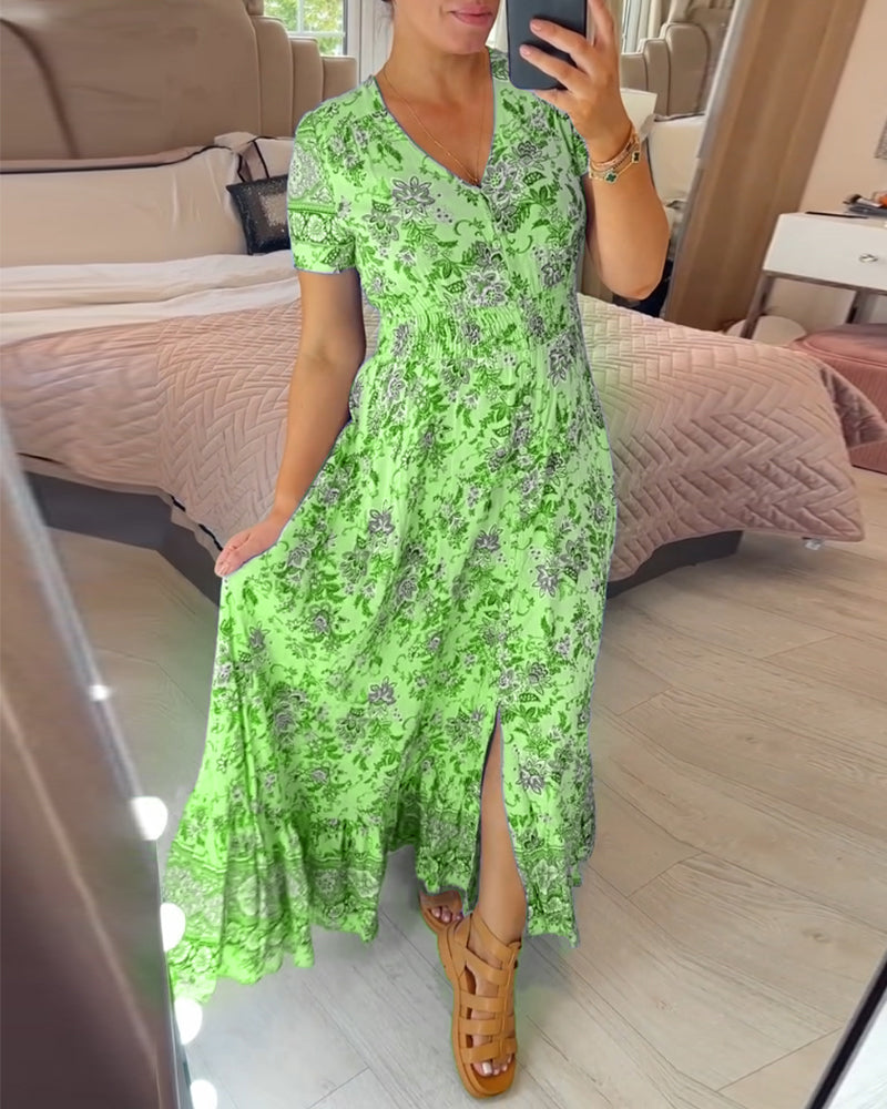 Print-cozy V-Ausschnitt langes Kleid