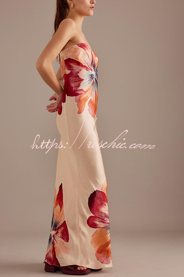 Laura| Charmantes Damen Satin Floral Print Bandeau Weit Maxi Kleid