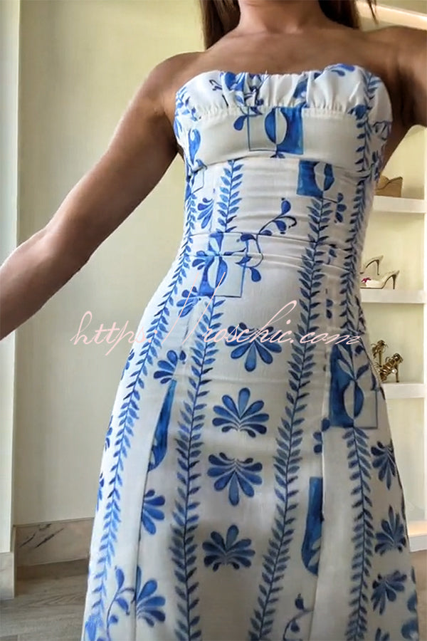Freya| Leinenmischung Floral Wellenmuster Rüschenausschnitt Strapless Maxikleid