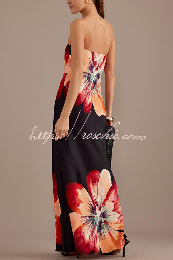 Laura| Charmantes Damen Satin Floral Print Bandeau Weit Maxi Kleid