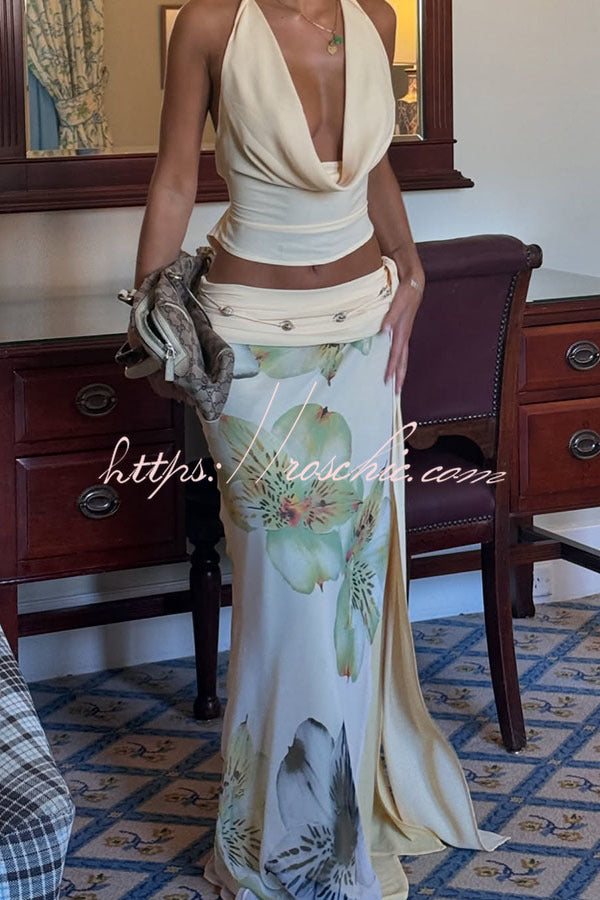 Iske| Wunderschönes Statement Cowl Neck Halter Top und florale Rüschentaille Schlitz Maxikleid-Set