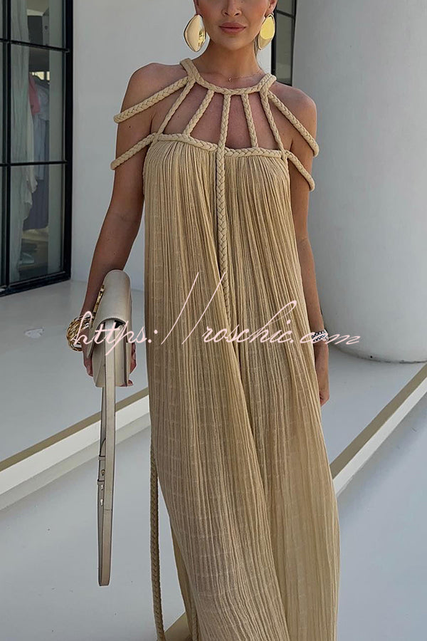 Natalia| Modernes und elegantes Maxikleid mit drapierter Zopf-Optik aus Leinenmischung