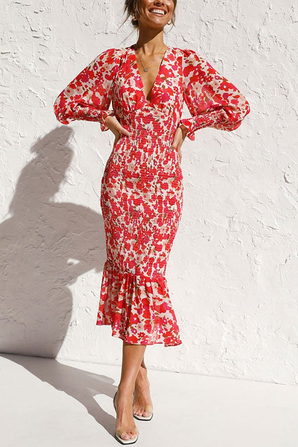 Rowena Florale Bischofärmelsmoked Midi-Kleid