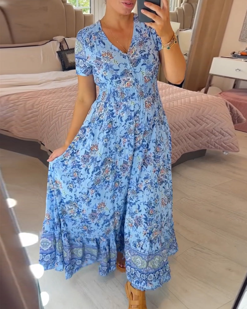 Print-cozy V-Ausschnitt langes Kleid