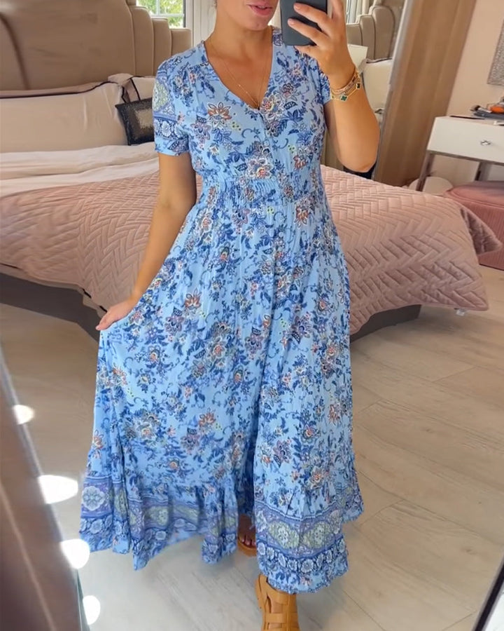 Print-cozy V-Ausschnitt langes Kleid