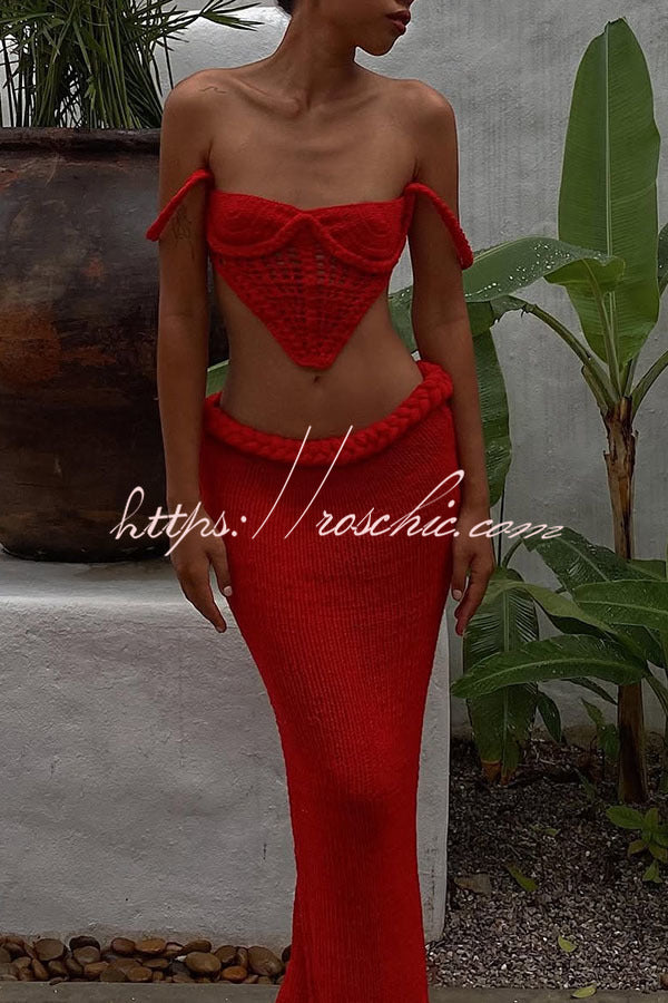 Kiara| Crochet Knit Braid Waist Slit Stretch Maxi Skirt