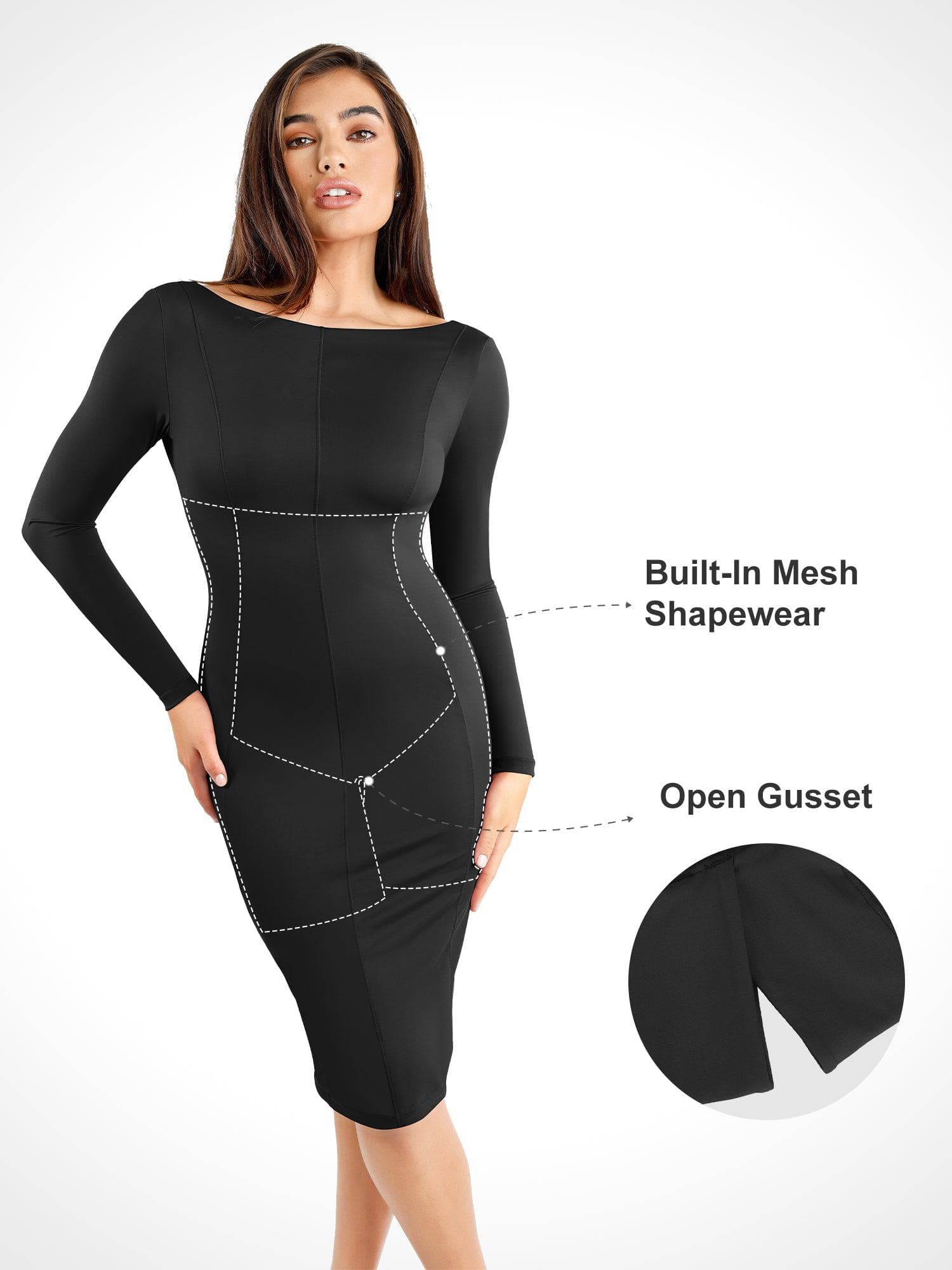Shapewear Longärmliges Boat Neck Sculpting Midi-Kleid