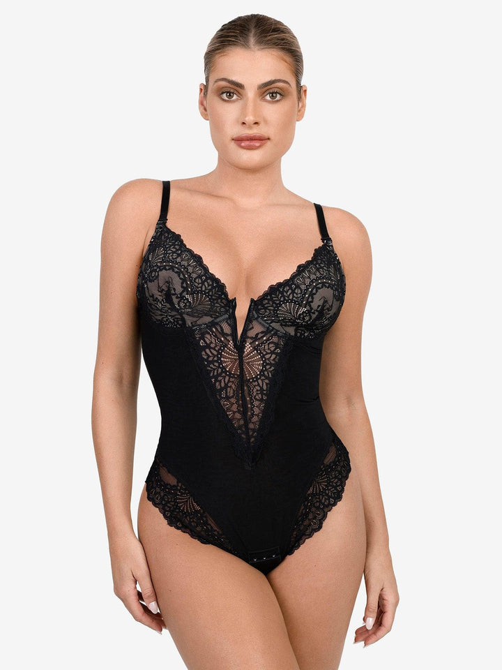Schlankmachende Spitzen-Body mit tiefem V-Ausschnitt und formender Tanga