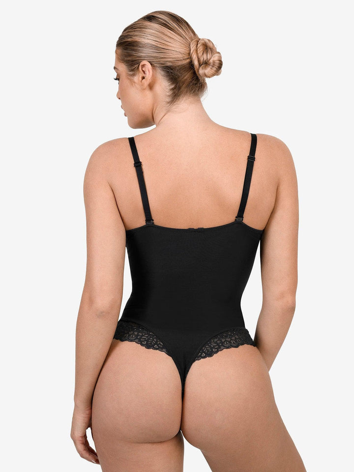 Schlankmachende Spitzen-Body mit tiefem V-Ausschnitt und formender Tanga