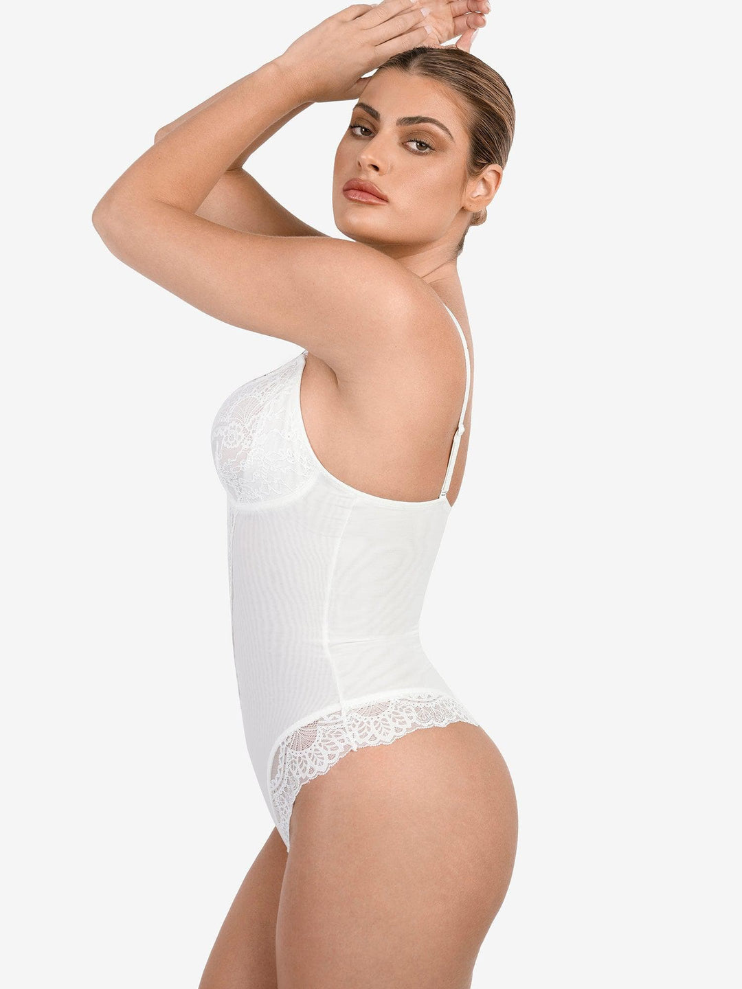 Schlankmachende Spitzen-Body mit tiefem V-Ausschnitt und formender Tanga