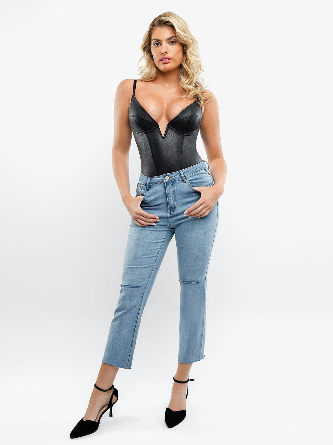 Shapewear Kunstleder Plunge V Sculpting Korsett Bodysuit
