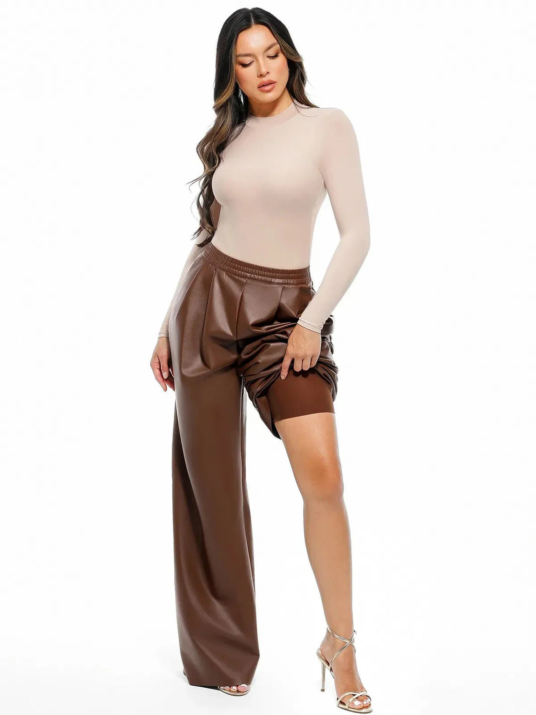Faux-Leder-hohe Taille Weite Bein Hose
